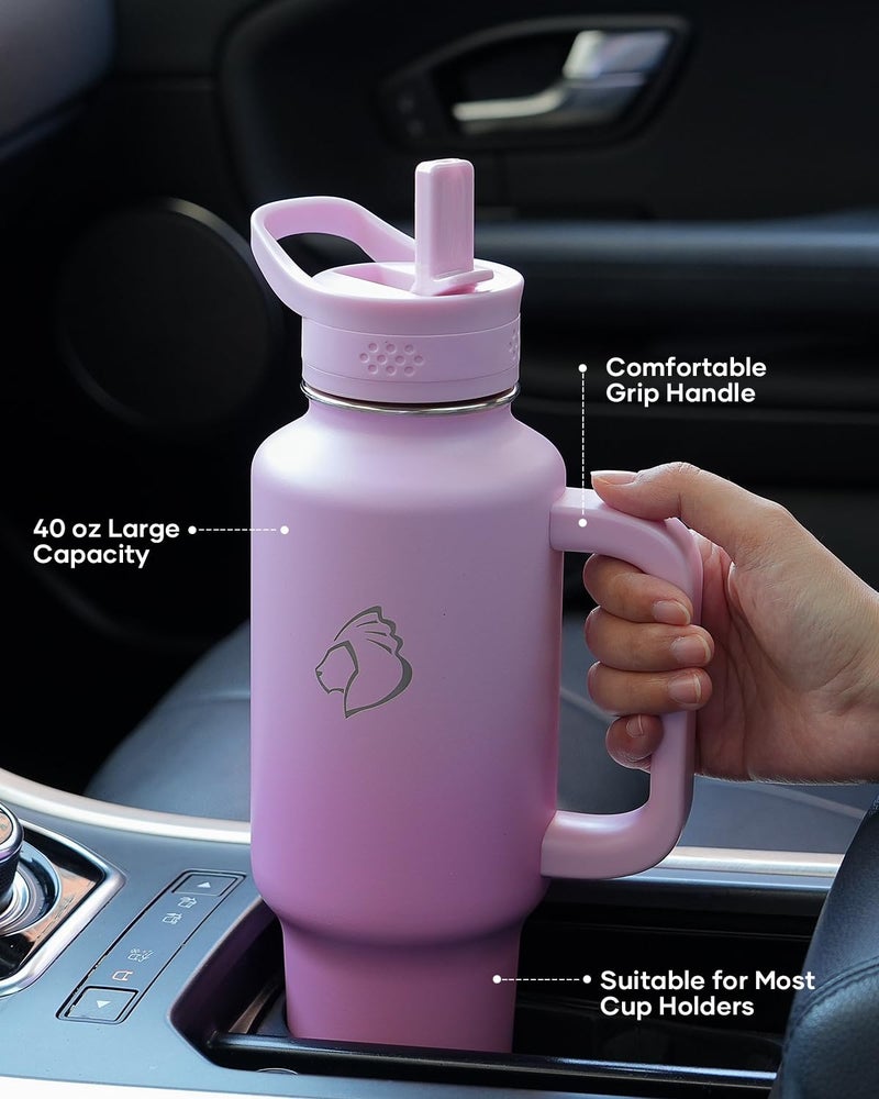 BUZIO 40 oz Water Bottle Fits in Cup Holder, Insulated Tumbler with Handle, Water Flask with Lid for Cold Hot, Sweat-Proof Wide Mouth Travel Mug for Sports, Gradient Purple - Image 2