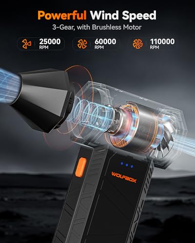 WOLFBOX ميجا فلو 50 منفاخ هواء مضغوط 110000 RPM قوة خارقة منفاخ هواء كهربائي ثلاثي السرعات قابل للتعديل مع شحن سريع منفاخ غبار صغير للكمبيوتر ولوحة المفاتيح والمنزل والخارجية والسيارة - Image 3
