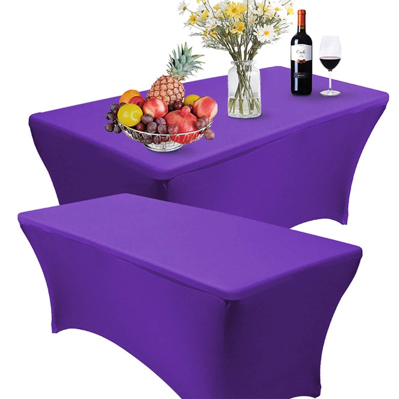 RELIANCER 2 Pack 8FT Rectangular Spandex Table Cover FourWay Tight Fitted Stretch Tablecloth Table Cloth for Outdoor Party DJ Tradeshow Banquet Vendor Wedding Celebration 2PC 8FT Purple