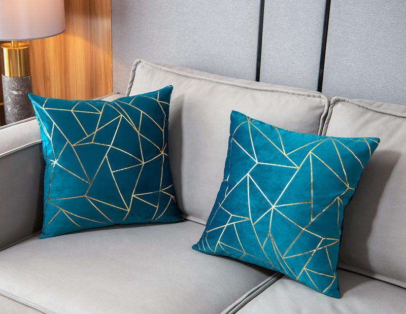 YONGLIU YONGLIU Pack of 2 Velvet Cushion Cases Decorative Gold Foil Geometric Pattern Ultra-Soft Square Throw Pillow Covers for Modern Homes Couch Sofa Bedroom Living Room Car Chair (Aqua Blue  20""X20"")  - Image 3