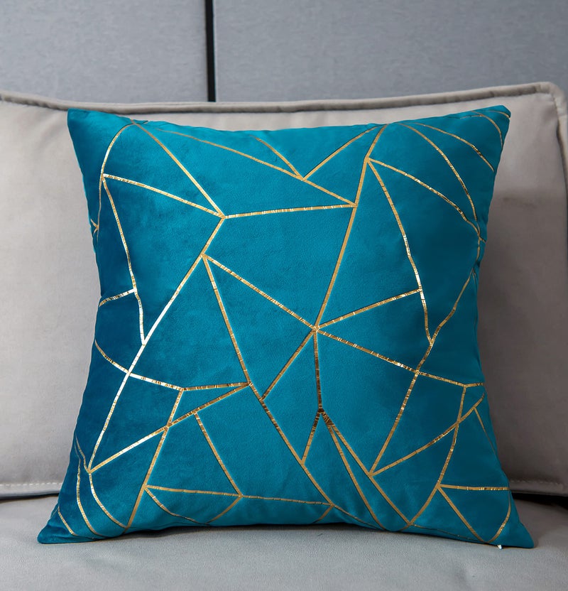 YONGLIU YONGLIU Pack of 2 Velvet Cushion Cases Decorative Gold Foil Geometric Pattern Ultra-Soft Square Throw Pillow Covers for Modern Homes Couch Sofa Bedroom Living Room Car Chair (Aqua Blue  20""X20"")  - Image 2