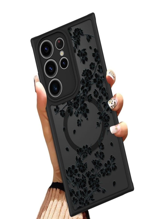 OOK Case for Samsung Galaxy S23 Ultra 6.8 Inch (Wireless Charging Compatible) Black Flowers Floral Translucent Phone Cover Soft TPU + Hard PC Anti-Scratch Shockproof Magnetic Case for Women - Black - Image 1