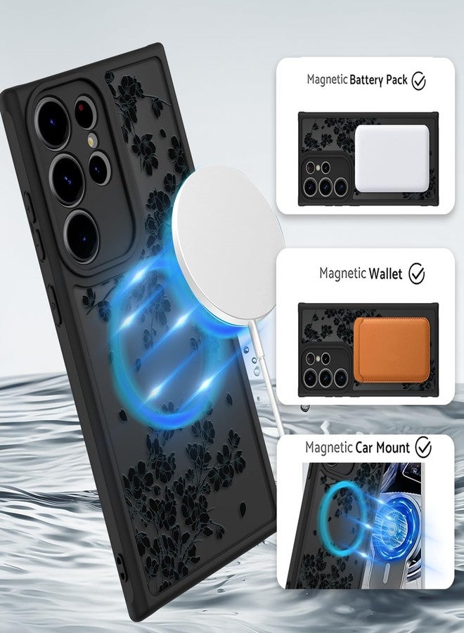 OOK Case for Samsung Galaxy S23 Ultra 6.8 Inch (Wireless Charging Compatible) Black Flowers Floral Translucent Phone Cover Soft TPU + Hard PC Anti-Scratch Shockproof Magnetic Case for Women - Black - Image 2
