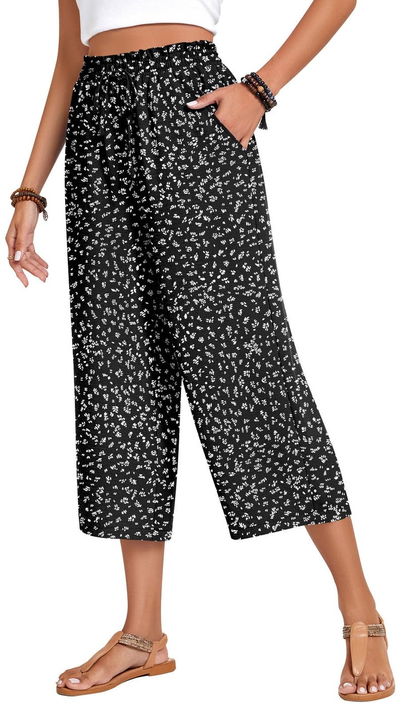 Anyhold Womens Capri Pants Loose High Waisted Wide Leg Lounge Pants Drawstring Casual Palazzo Trousers with Pockets Medium, Black-White dots - Image 1