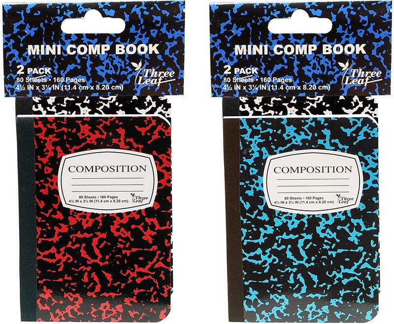 ThreeLeaf 4-Pack Mini Marble Composition Notebooks, 4-1/2" x 3-1/4", College Ruled, 80 Sheet (160 Pages) - Colors: Red, Green, Yellow, Blue, Black. (4-Pack, Random Colors) - Image 1