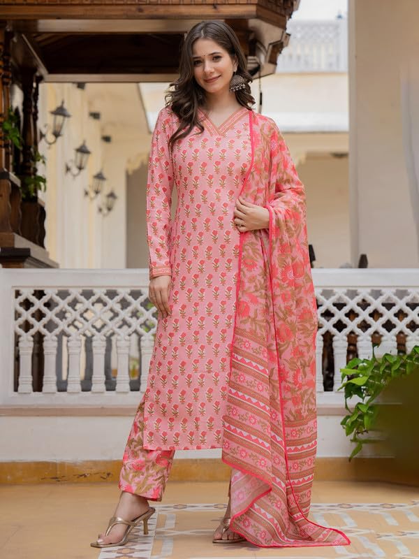 Vaamsi Women's Floral Straight Printed Kurta Pant With Dupatta Set (VKSKD2239_S_Pink) - Image 5