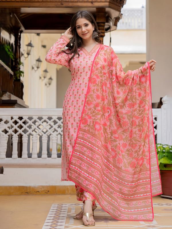 Vaamsi Women's Floral Straight Printed Kurta Pant With Dupatta Set (VKSKD2239_S_Pink) - Image 2