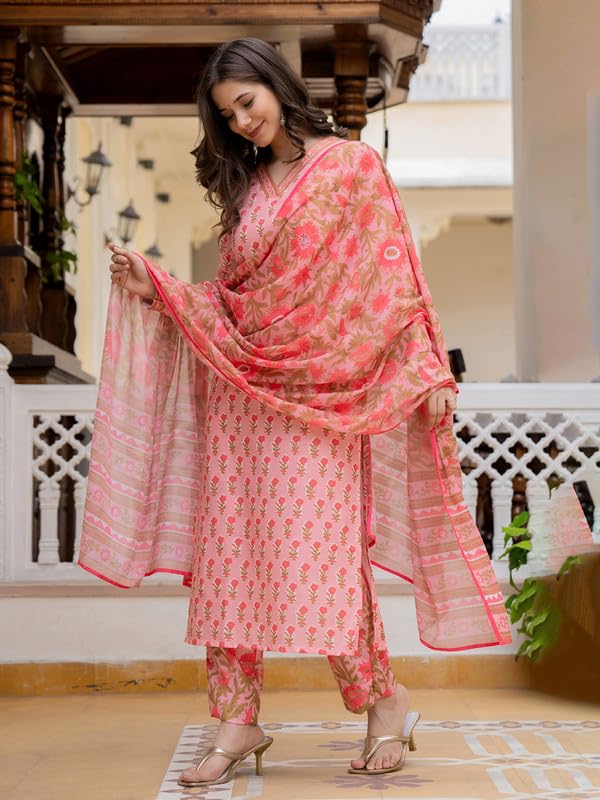 Vaamsi Women's Floral Straight Printed Kurta Pant With Dupatta Set (VKSKD2239_S_Pink) - Image 3
