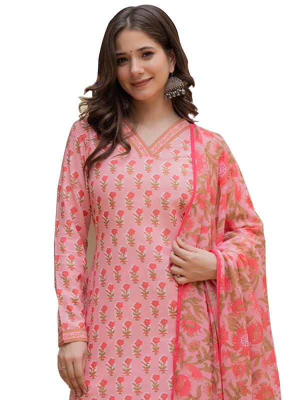 Vaamsi Women's Floral Straight Printed Kurta Pant With Dupatta Set (VKSKD2239_S_Pink) - Image 1