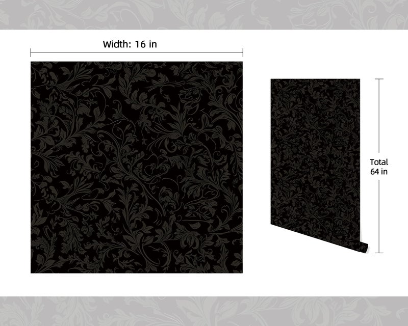 FLFK Peel and Stick Gothic Black Wallpaper 16in x 64in Vintage Floral Wall Paper for Bedroom Shelf Cabinet Countertops - Image 2