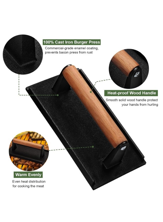 Cast Iron Burger Press, 7" Round & 8.2" x 4.3" Rectangle Smash Bacon Press – Heavy Duty Meat Weight with Wood Handle for Griddle, Sandwich, Nonstick Pan - Image 3