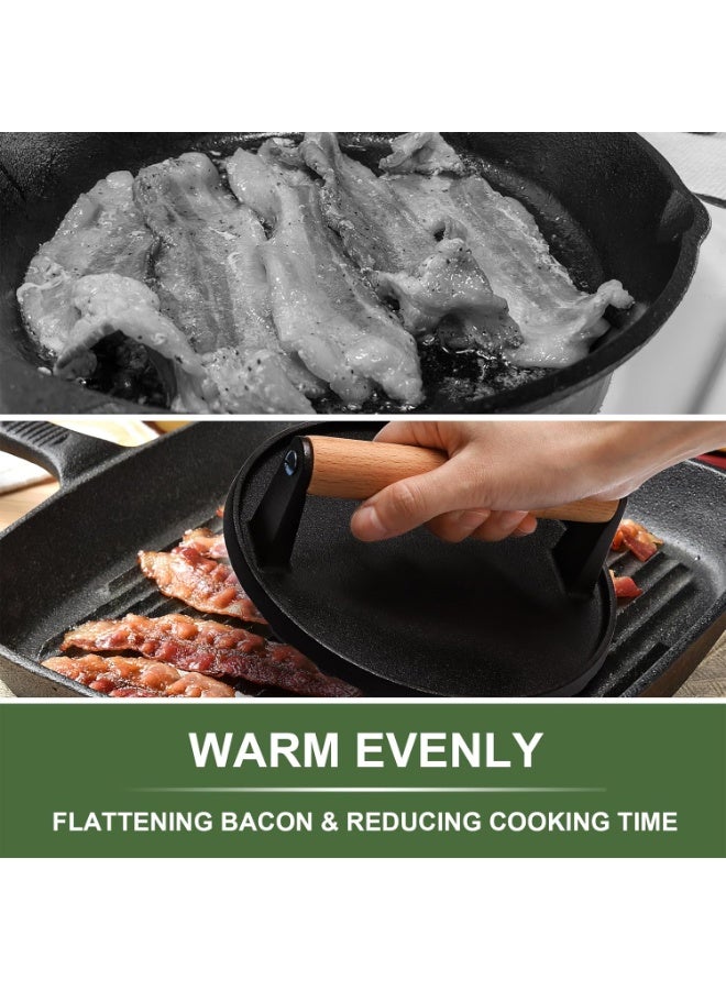 Cast Iron Burger Press, 7" Round & 8.2" x 4.3" Rectangle Smash Bacon Press – Heavy Duty Meat Weight with Wood Handle for Griddle, Sandwich, Nonstick Pan - Image 5