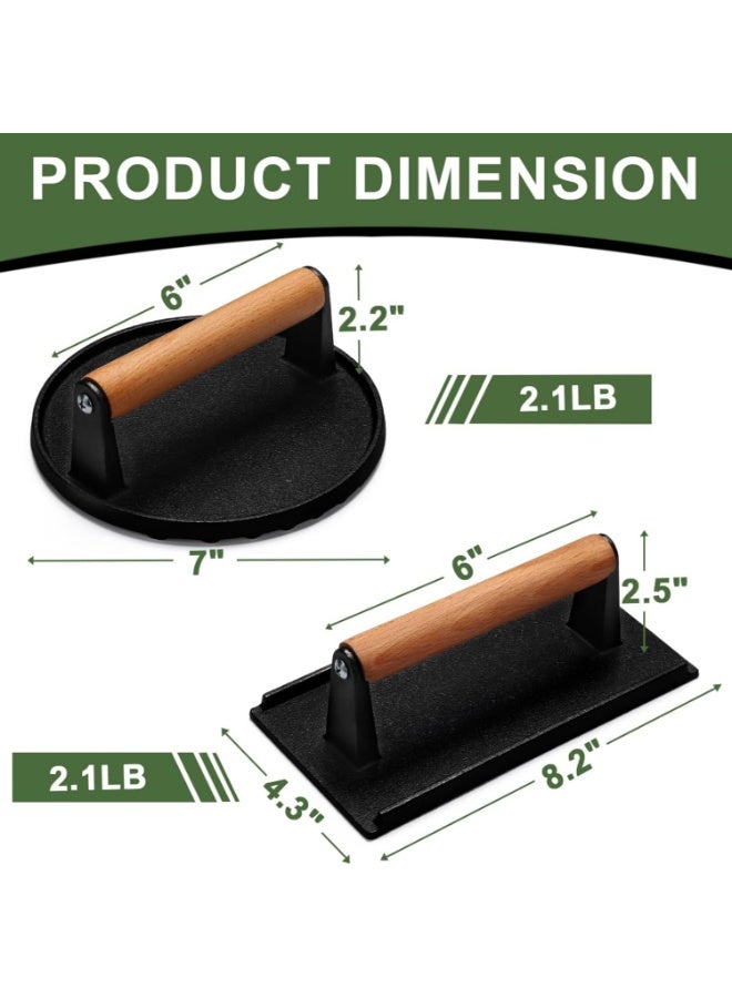 Cast Iron Burger Press, 7" Round & 8.2" x 4.3" Rectangle Smash Bacon Press – Heavy Duty Meat Weight with Wood Handle for Griddle, Sandwich, Nonstick Pan - Image 2