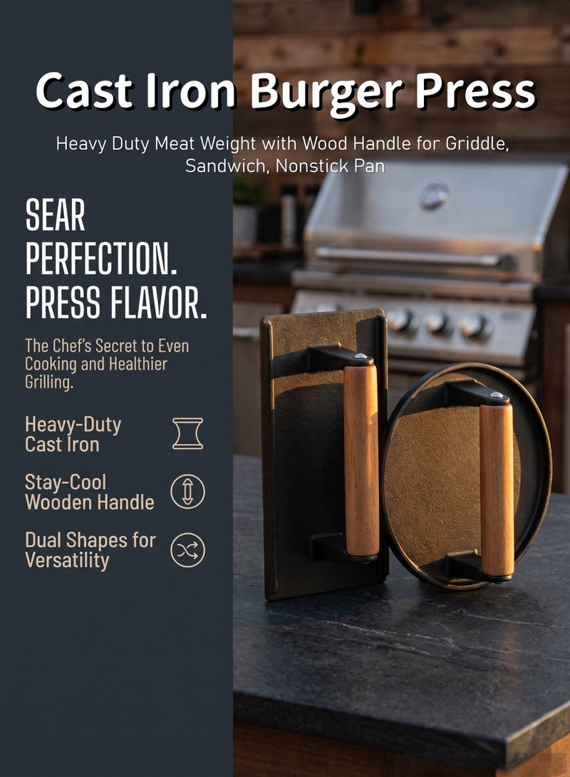 Cast Iron Burger Press, 7" Round & 8.2" x 4.3" Rectangle Smash Bacon Press – Heavy Duty Meat Weight with Wood Handle for Griddle, Sandwich, Nonstick Pan - Image 1