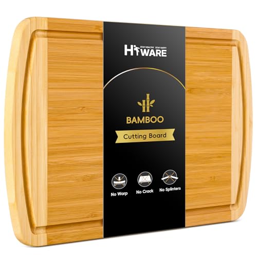 Hiware لوح تقطيع خشبي كبير لتحضير الوجبات في المطبخ وتقديمها - ألواح تقطيع من الخيزران مع حواف جانبية لالتقاط العصائر، لوح جزار للتقطيع - 100% خيزران عضوي، مشحم مسبقًا، 16" × 10" - Image 1