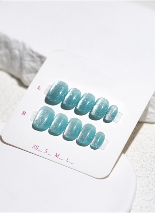 ElegaNail 10 Pcs Crystal Cat Eye Nail Art False Nails Short Square and Round Manicure  Nails Press on Nails with Wearing Tools, Size: XS/S/M（Sea Salt Fog Blue）Random Packaging  - Image 5