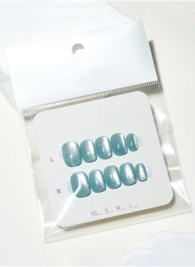 ElegaNail 10 Pcs Crystal Cat Eye Nail Art False Nails Short Square and Round Manicure  Nails Press on Nails with Wearing Tools, Size: XS/S/M（Sea Salt Fog Blue）Random Packaging  - Image 4