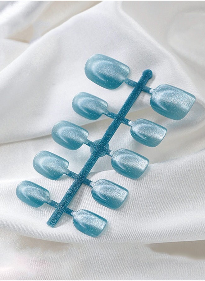 ElegaNail 10 Pcs Crystal Cat Eye Nail Art False Nails Short Square and Round Manicure  Nails Press on Nails with Wearing Tools, Size: XS/S/M（Sea Salt Fog Blue）Random Packaging  - Image 2