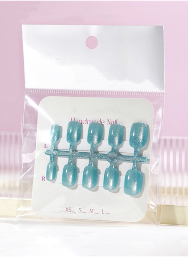 ElegaNail 10 Pcs Crystal Cat Eye Nail Art False Nails Short Square and Round Manicure  Nails Press on Nails with Wearing Tools, Size: XS/S/M（Sea Salt Fog Blue）Random Packaging  - Image 3