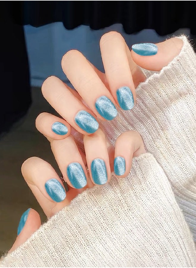 ElegaNail 10 Pcs Crystal Cat Eye Nail Art False Nails Short Square and Round Manicure  Nails Press on Nails with Wearing Tools, Size: XS/S/M（Sea Salt Fog Blue）Random Packaging  - Image 1