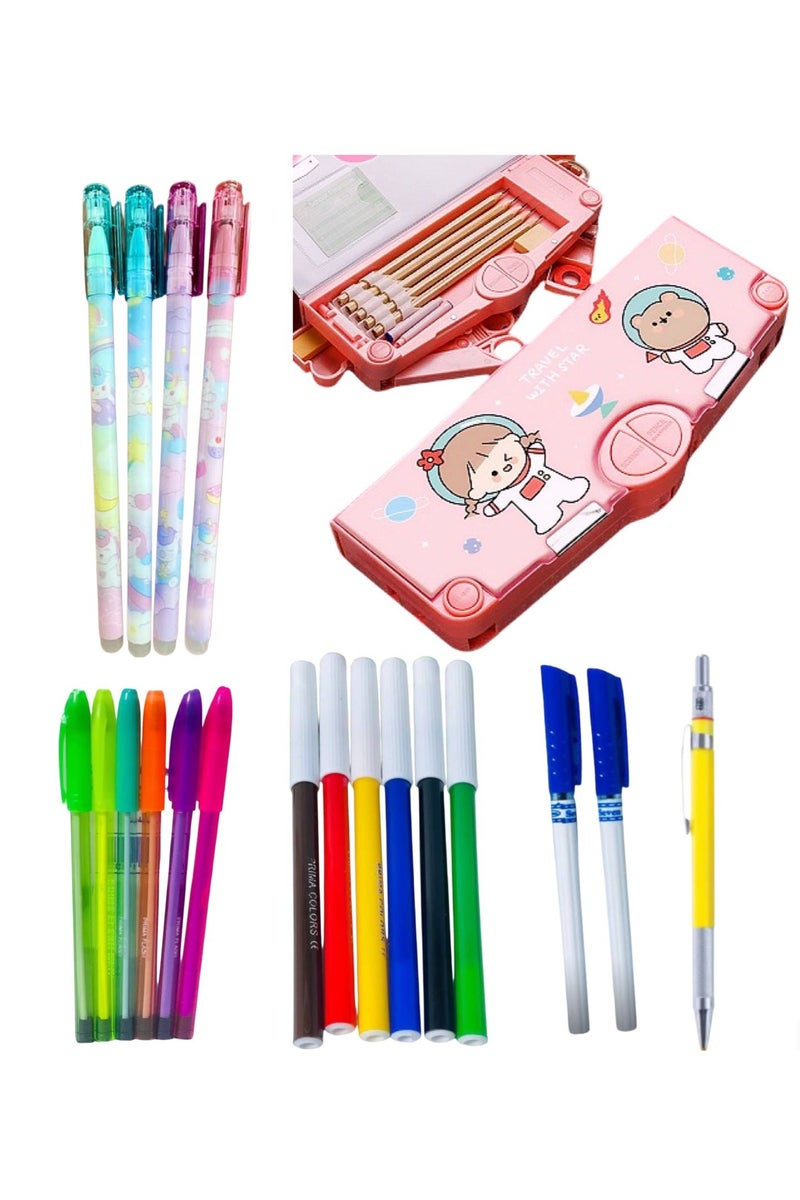 6-piece school supplies set (6-piece multi-purpose pencil case + 4-piece pencil sharpener with eraser + 4-piece highlighter pen + 4-piece gel pen + 2 fine-point pens + 6 felt-tip pens) - Image 1