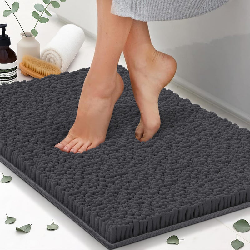 ITSOFT Plush Bathroom Rug 47x21 Absorbent Machine Washable Non Slip Chenille Bath Mats Quick Dry Bathmat Bath Rugs for Bath Shower Bedroom or Door Mat Charcoal Gray