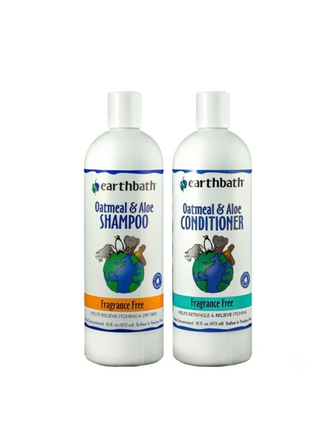 earthbath Oatmeal & Aloe Pet Grooming Bundle - All-Natural Fragrance-Free Shampoo and Conditioner - Itchy & Dry Skin Relief, Helps Detangle, Aloe Vera, Vitamin E, Good for Dogs & Cats - 16 fl. oz Each - Image 1