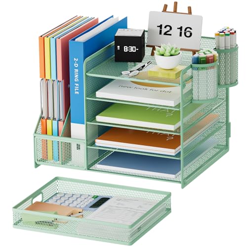 Marbrasse Desk Organizer with File Holder 5Tier Paper Letter Tray Organizer with Drawer and 2 Pen Holder Mesh Desktop Organizer and Storage with Magazine Holder for Office Supplies Green - Image 3