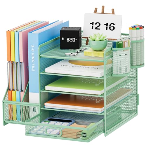 Marbrasse Desk Organizer with File Holder 5Tier Paper Letter Tray Organizer with Drawer and 2 Pen Holder Mesh Desktop Organizer and Storage with Magazine Holder for Office Supplies Green - Image 1