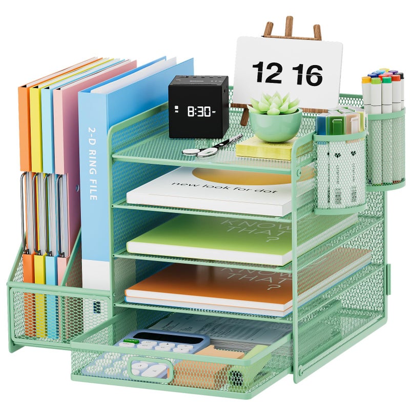 Marbrasse Desk Organizer with File Holder 5Tier Paper Letter Tray Organizer with Drawer and 2 Pen Holder Mesh Desktop Organizer and Storage with Magazine Holder for Office Supplies Green - Image 2