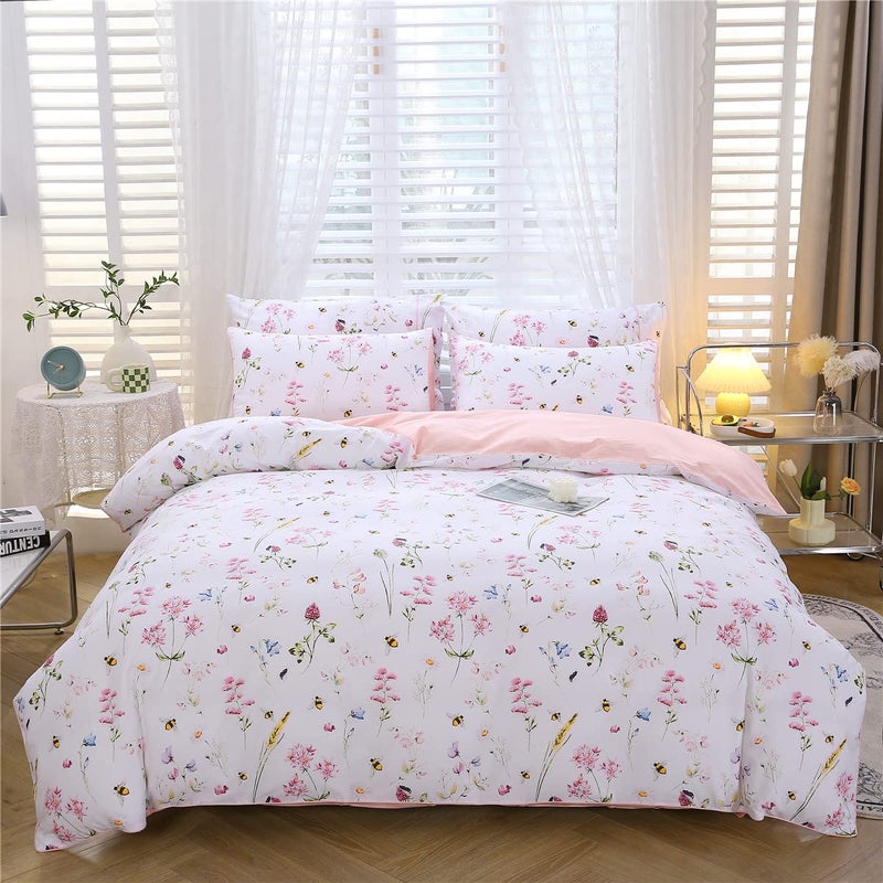 URBONUR Floral Duvet Cover Set King Size Pink 3 Piece Spring Garden Flowers Bee Print Duvet Covers for Girls Women Soft Microfiber Bedding Set