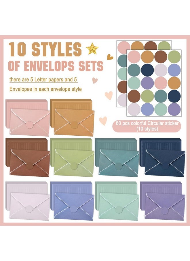 TaoBary TaoBary 160 Packs Stationery Paper Set (50 Double Sided Stationery Writing Papers 50 Matching Envelopes) 60 Round Dot Sticker, 10 Design (Morandi Color)  - Image 4