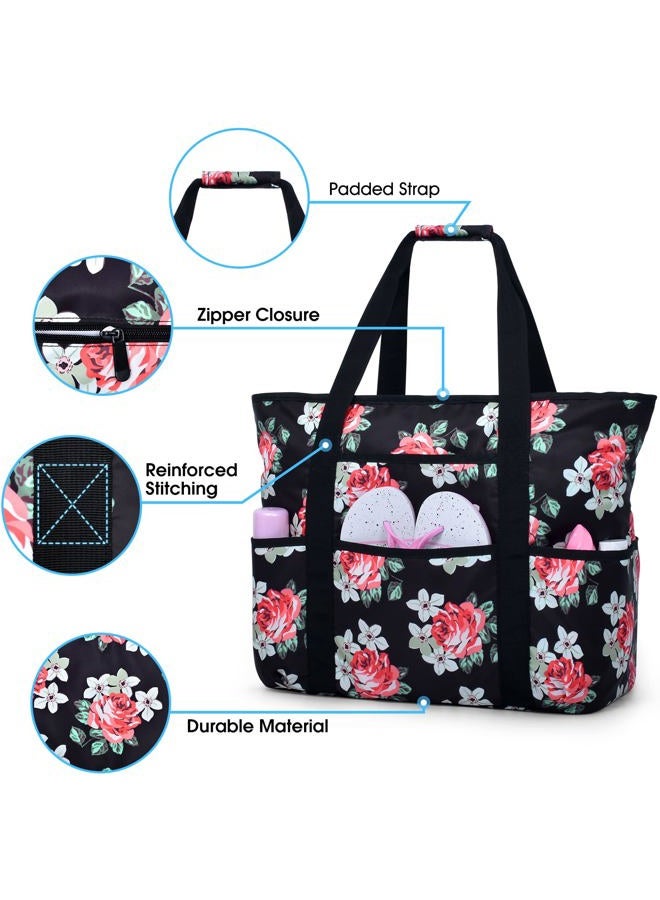 Becokan Beach Bags for Women Large Beach Tote Bag with Zipper Pockets Beach Bag Waterproof Sandproof Travel Nurse Tote Bag - Image 3