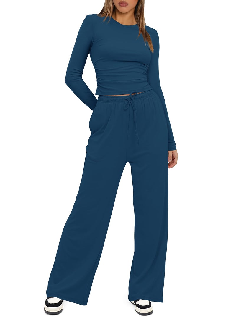Darong Women's 2 Piece Matching Lounge Set Long Sleeve Slightly Crop Top Wide Leg Pants Casual Tracksuits 9065A Peacock Blue XL - Image 3
