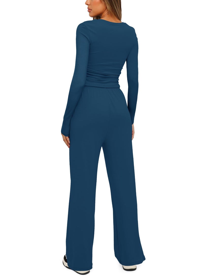Darong Women's 2 Piece Matching Lounge Set Long Sleeve Slightly Crop Top Wide Leg Pants Casual Tracksuits 9065A Peacock Blue XL - Image 2
