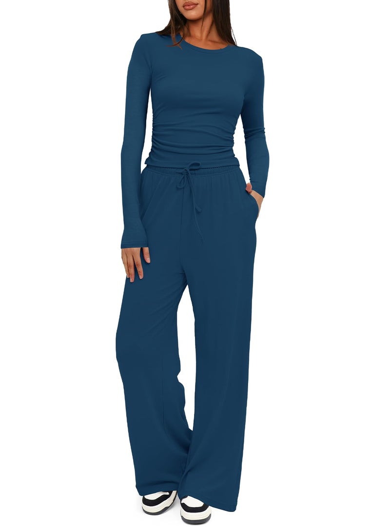 Darong Women's 2 Piece Matching Lounge Set Long Sleeve Slightly Crop Top Wide Leg Pants Casual Tracksuits 9065A Peacock Blue XL - Image 1