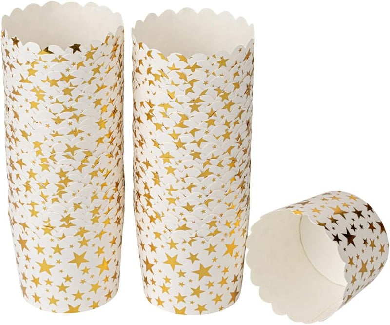 Restaurantware Panificio 45 Ounce Baking Cups 50 Disposable Paper Baking Cups  Greaseproof OvenReady White Paper Muffin Liners Microwavable Gold Star Print - Image 1