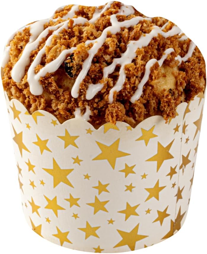 Restaurantware Panificio 45 Ounce Baking Cups 50 Disposable Paper Baking Cups  Greaseproof OvenReady White Paper Muffin Liners Microwavable Gold Star Print - Image 2