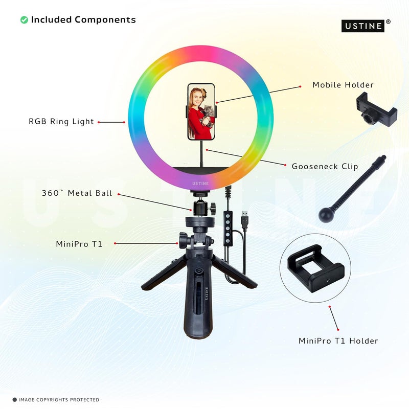 USTINE ® Youtuber Kit | 10" RGB Ring Light | MiniPro T1 – Compact 16cm Mini Tripod (Tabletop Use) | Ideal for Facebook Videos, Reels & Vlogging (MiniPro T1 + RGB 10" Light) - Image 2