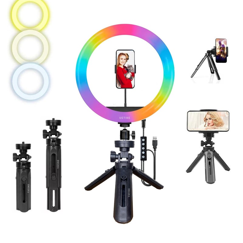 USTINE ® Youtuber Kit | 10" RGB Ring Light | MiniPro T1 – Compact 16cm Mini Tripod (Tabletop Use) | Ideal for Facebook Videos, Reels & Vlogging (MiniPro T1 + RGB 10" Light) - Image 1