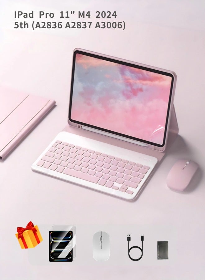 Keyboard Case For iPad Pro M4 11-Inch 2024 (5th Generation A2836 A2837 A3006), iPad Keyboard With Wrap-Around Drop-Proof Leather Shockproof Triangle Stand Built-In Pen Slot Flip Smart Wake-Up/Free 2-In-1 Screen Protector-Pink - Image 1