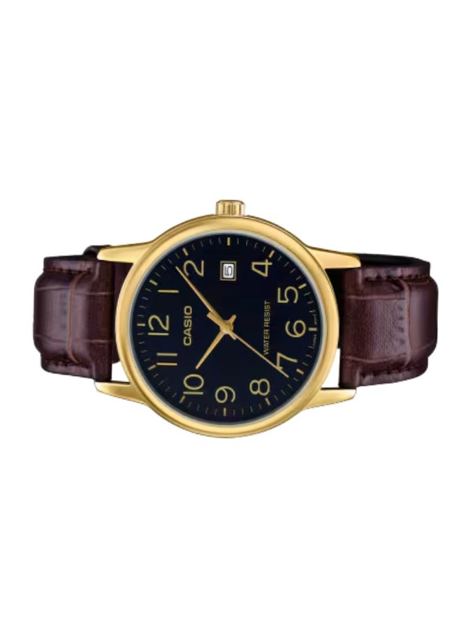 كاسيو ساعة كاسيو MTP-V002GL-1BVDF للرجال، جلد تناظري، ميناء أسود كلاسيكي، هيكل ذهبي اللون، حركة كوارتز، عرض التاريخ، مقاومة للماء، ساعة يد عملية وغير رسمية - Image 4