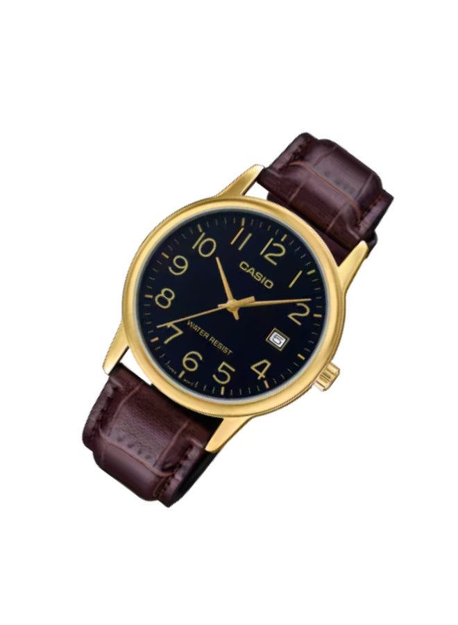 كاسيو ساعة كاسيو MTP-V002GL-1BVDF للرجال، جلد تناظري، ميناء أسود كلاسيكي، هيكل ذهبي اللون، حركة كوارتز، عرض التاريخ، مقاومة للماء، ساعة يد عملية وغير رسمية - Image 3