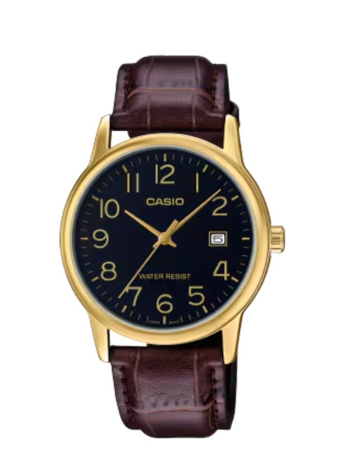 كاسيو ساعة كاسيو MTP-V002GL-1BVDF للرجال، جلد تناظري، ميناء أسود كلاسيكي، هيكل ذهبي اللون، حركة كوارتز، عرض التاريخ، مقاومة للماء، ساعة يد عملية وغير رسمية - Image 1