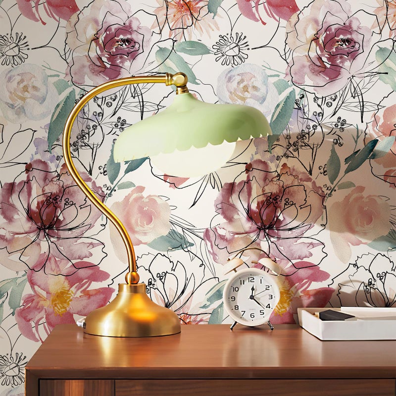 JiffDiff Floral Peel and Stick Wallpaper Pink Peony Wall Paper Nursery Watercolor Self Adhesive Wall Mural Stick on Paper173x 118
