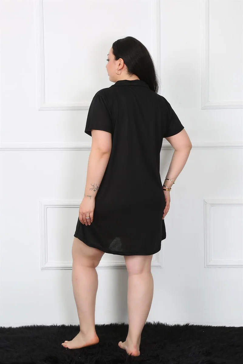 Akbeniz Plus Size Combed Cotton Buttoned Black Tunic Nightgown 1025