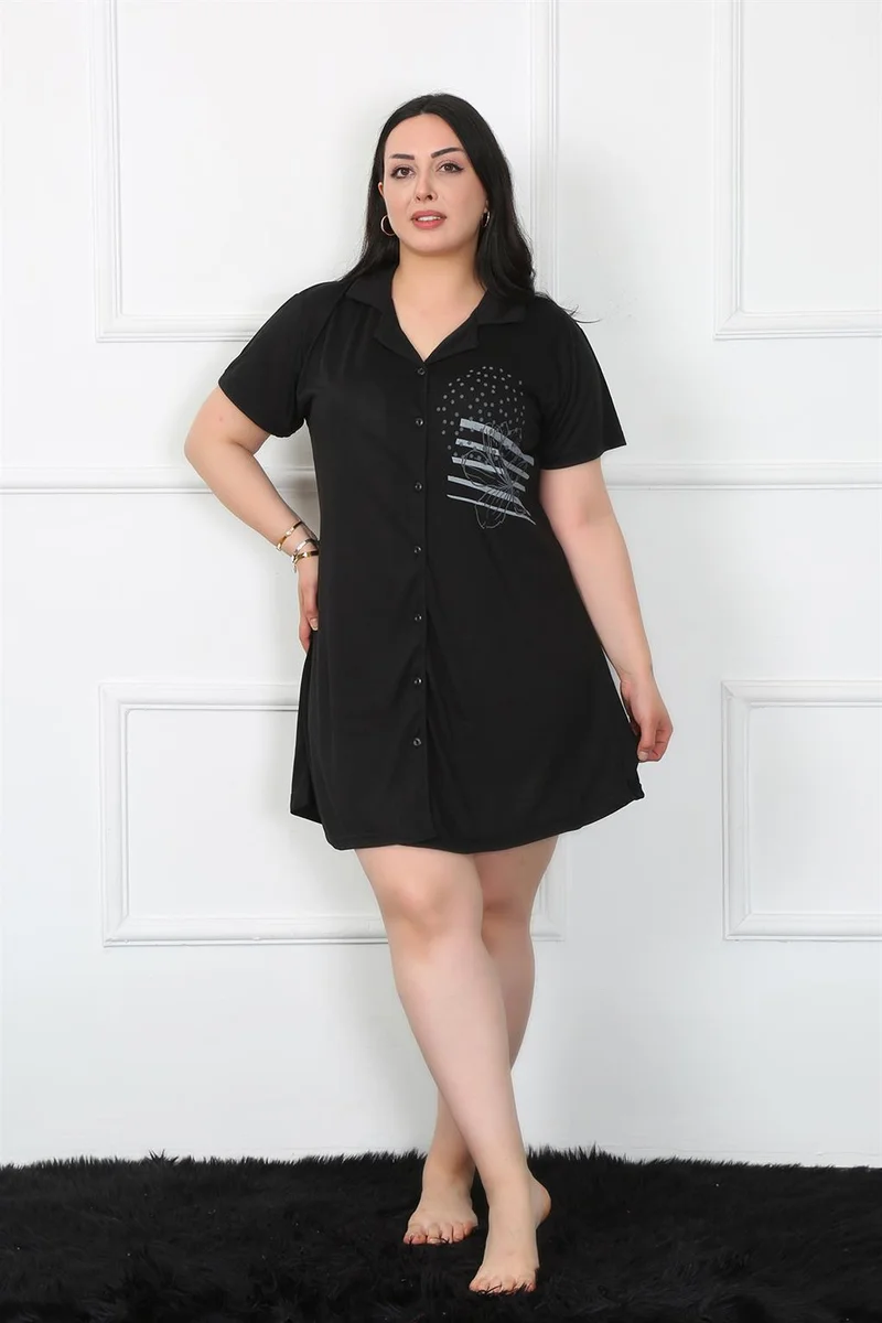 Akbeniz Plus Size Combed Cotton Buttoned Black Tunic Nightgown 1025