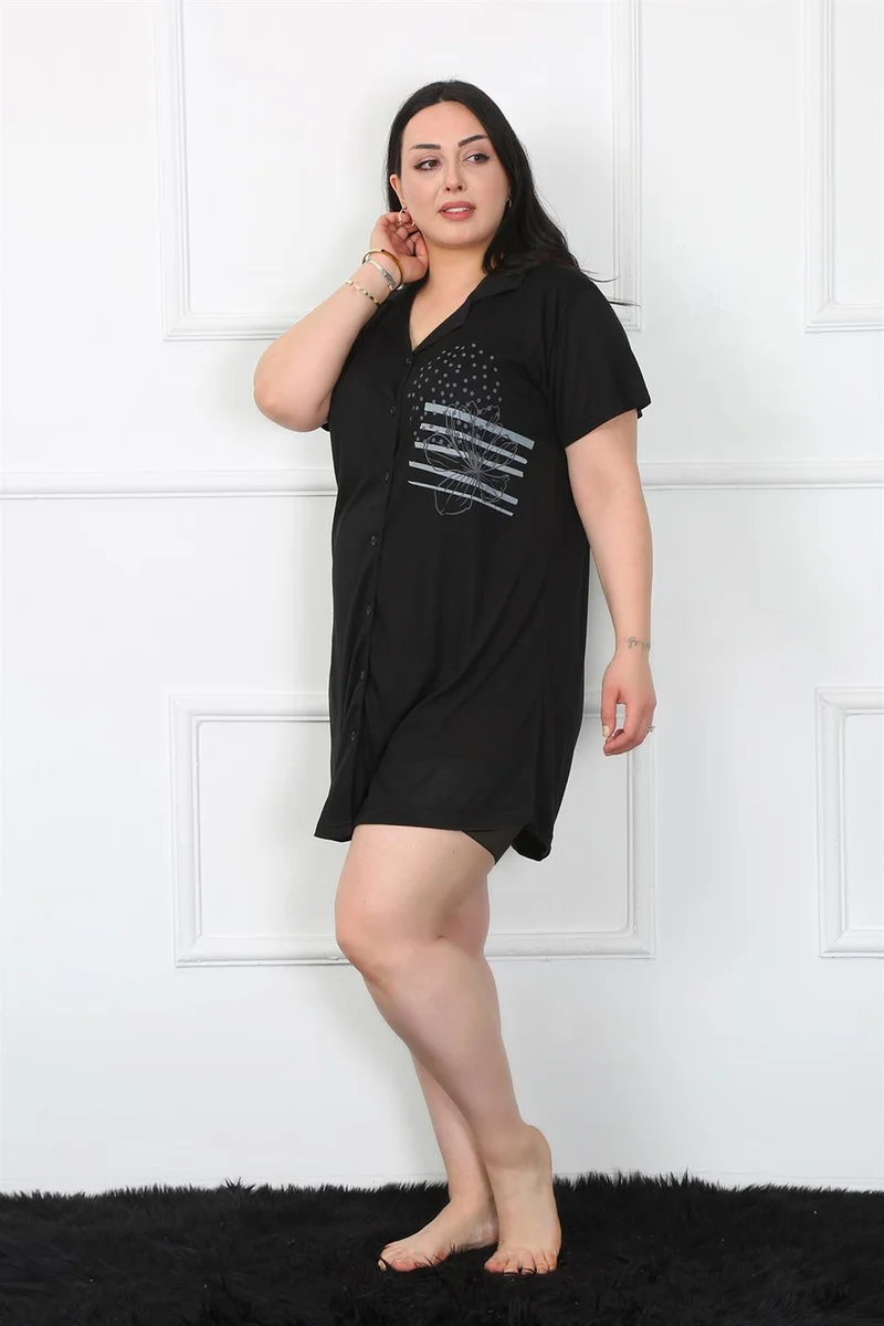 Akbeniz Plus Size Combed Cotton Buttoned Black Tunic Nightgown 1025