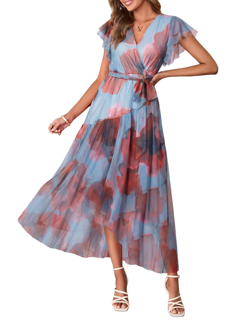 Simplee Womens Summer Floral Boho Maxi Dress 2026 Flutter Sleeve Print Ruffle Mesh Midi Vacation Wedding Guest Dress(Blue Red L) - Image 1