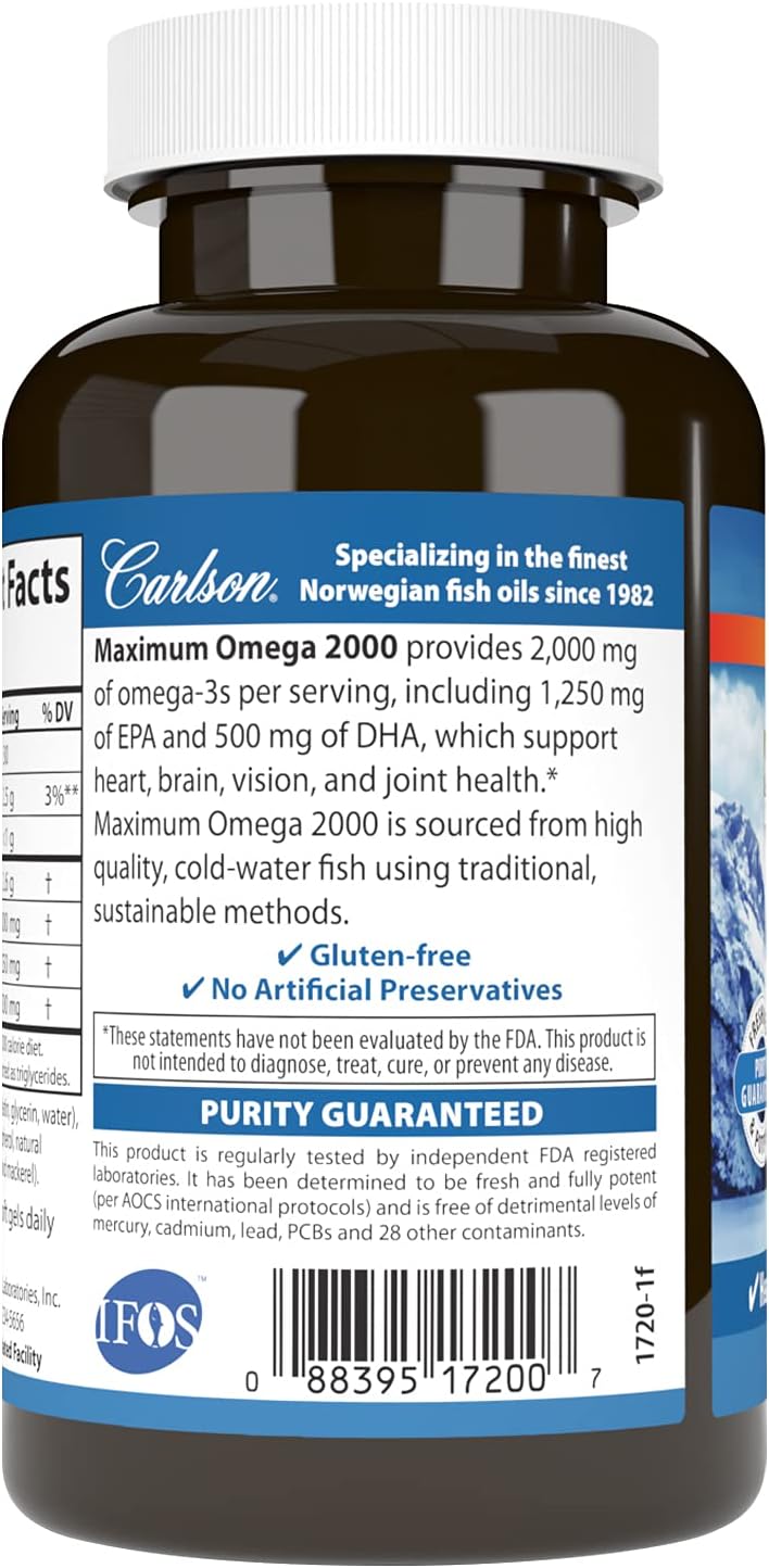 Carlson كارلسون ماكسيموم أوميغا 2000 2000 ملغ أحماض دهنية أوميغا 3 بما في ذلك EPA و DHA زيت سمك نرويجي تم اصطياده بشكل بري مكمل زيت السمك المستدام كبسولات زيت السمك بنكهة الليمون 60 كبسولة لينة - Image 3